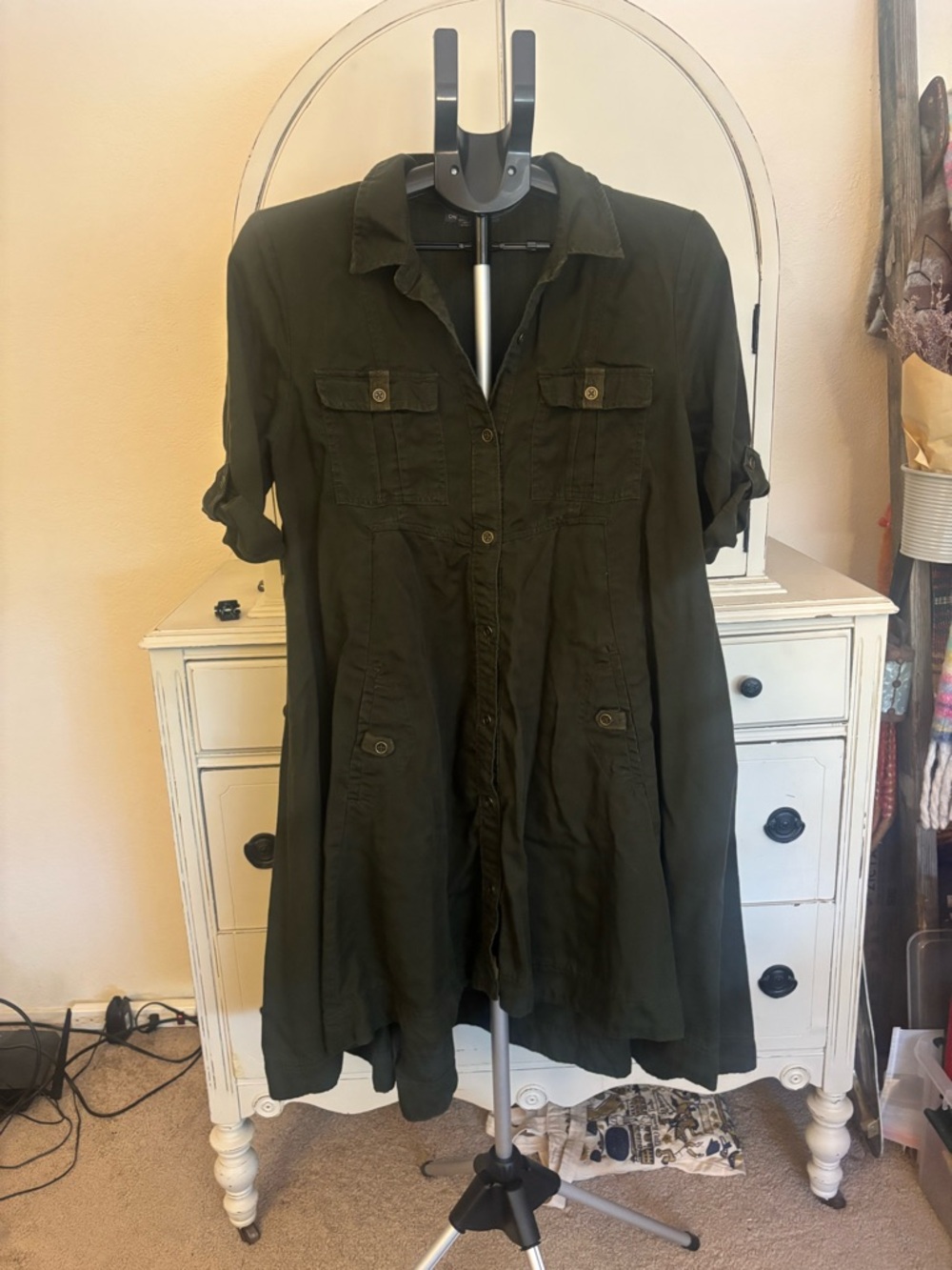 Chelsea & Theodore Olive Green Utility Shirt Dress